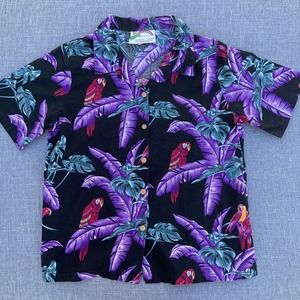 Womens Hawaiian Shirt Small Purple Black Bird Parrot Paradise Found Palm Leaves